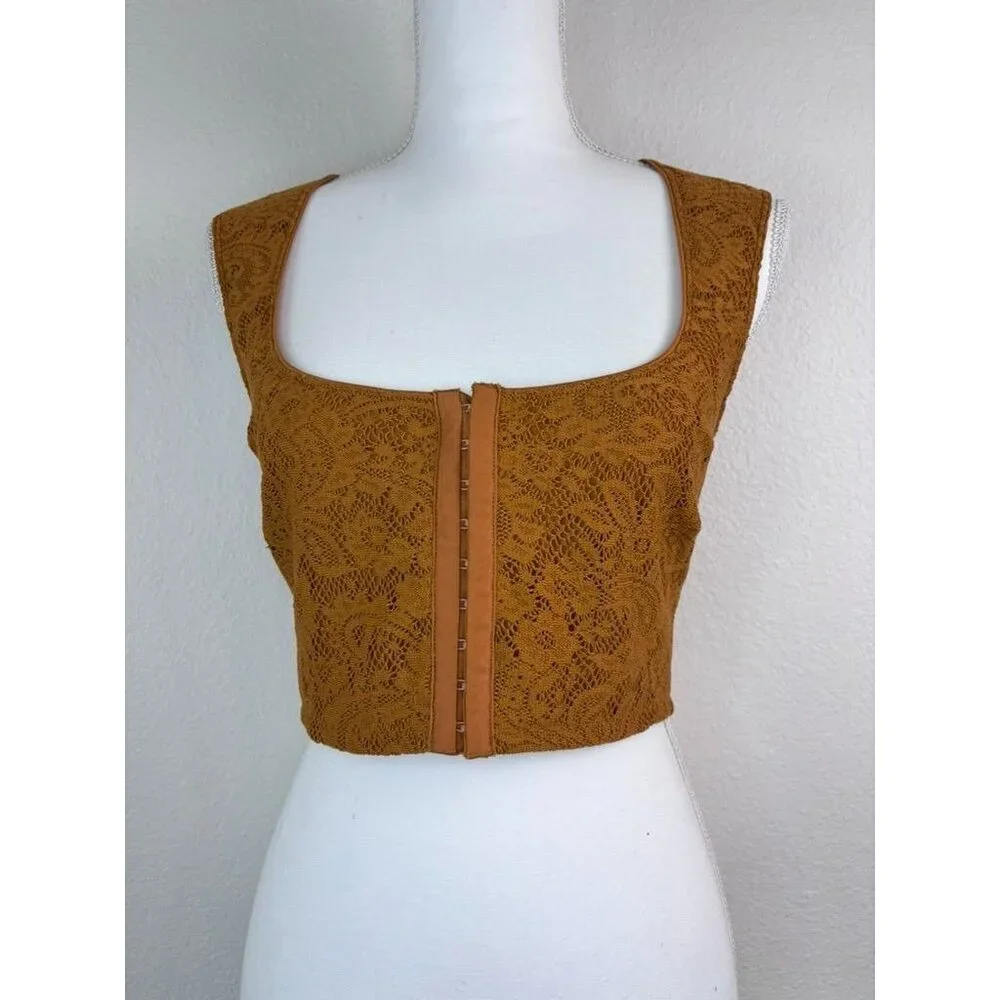 Urban Outfitters Mustard Lace Hook-Front Crop Top - Picture 1 of 5